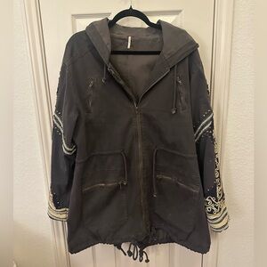 Free People Embroidered Charcoal Hooded Utility Jacket